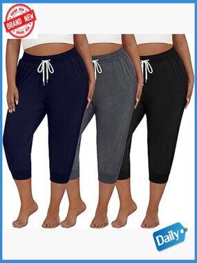 3 Pack Plus Size Cotton Capri Yoga Pants with Pockets
